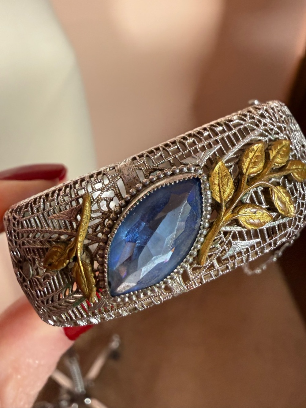 Antique 1920’s Art deco Silver Filagree Pale blue Marquee Glass Wide Bracelet - Picture 13 of 17